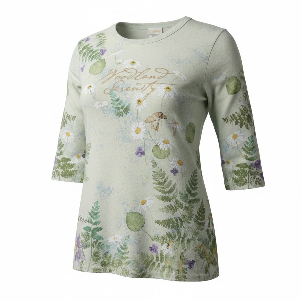 Artisans Woodland Serenity Nature‎ Green 3/4 Length Sleeve Embellished Top M